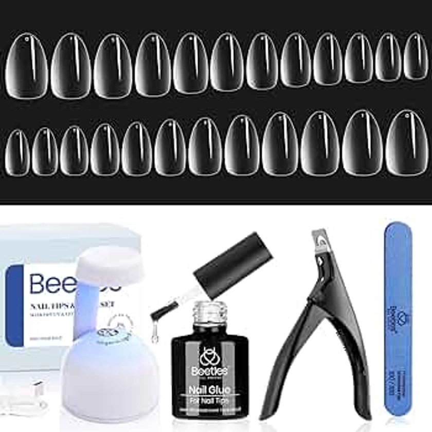 Beetles Gel Nail Kit XS Short Almond Tips, Easy Extension Set 240 Pcs Pre Shaped Clear Full Cover with 5 In 1 Nail Glue Uv Led Lamp for False Acrylic Press on Fake Nails Tips DIY Manicure Salon