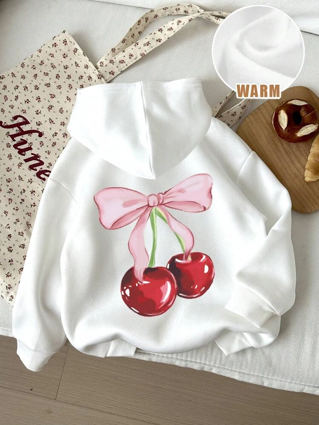 SHEIN Tween Girls Casual Cute Bow & Cherry Print Thick Hoodie Sweatshirt, Suitable For Autumn/Winter