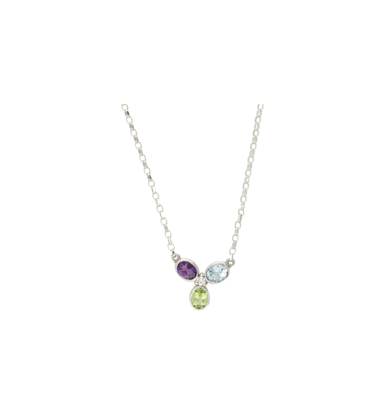 9ct peridot, blue topaz and amethyst pendant & chain