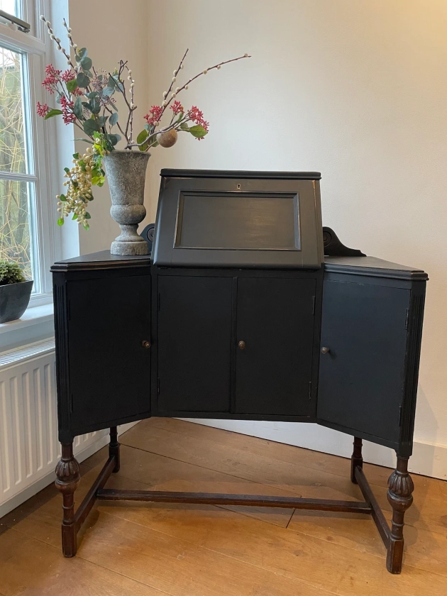 Writing desk black vintage bureau with three cupboards