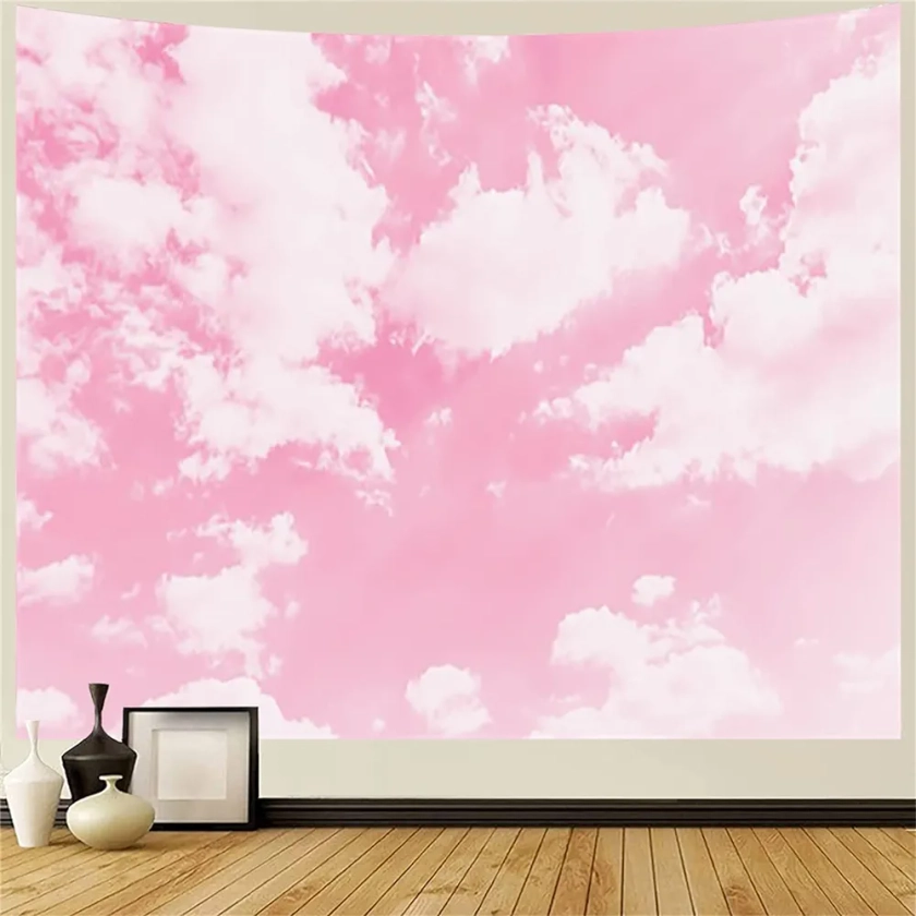 Cool Pink Cloud Tapestry for Bedroom, White Cloud Tapestry Wall Hanging, Aesthetic Pastle Natural Landscape Girly Tapestry Wall Art for Teen Bedroom Living Room Dorm Hippie Party Decor, 60x40 Inches