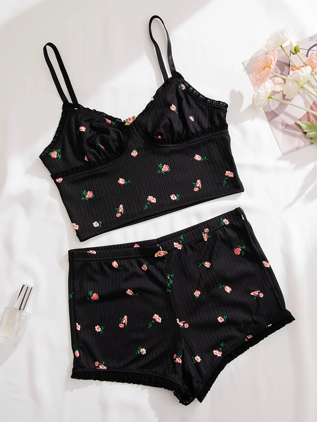 Floral Print Pajama Set, V Neck Cami Top &amp; Elastic Waistband Shorts, Women&#39;s Sleepwear &amp; Loungewear