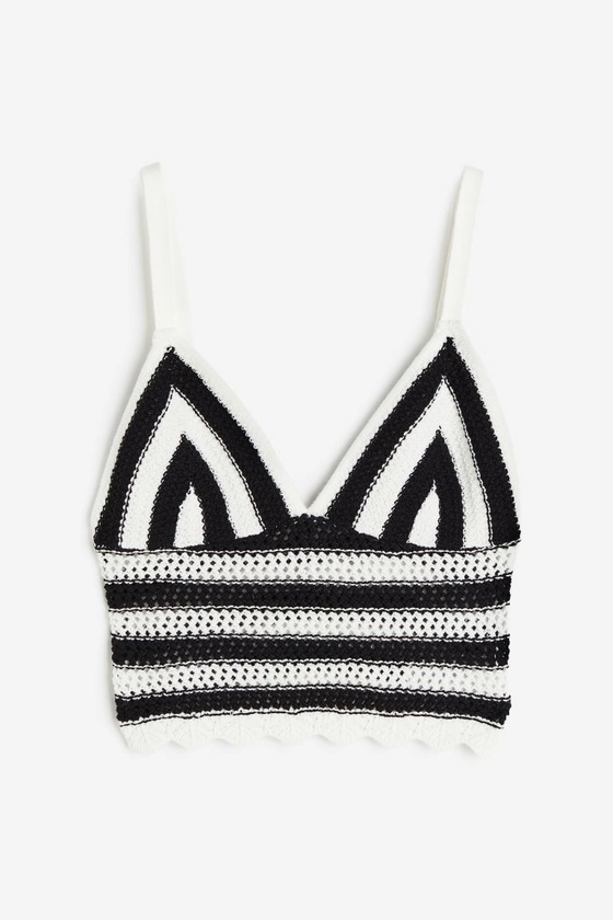 Crochet-look hole-knit top - V-neck - Sleeveless - Black/White - Ladies | H&M GB