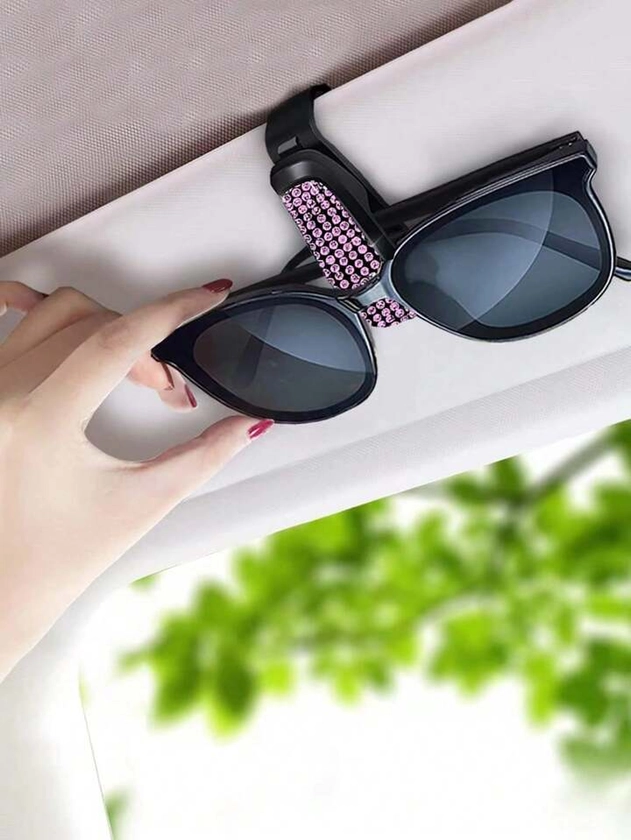 1pc Multi-Function Car Sun Visor Glasses Clip Rhinestone Decor