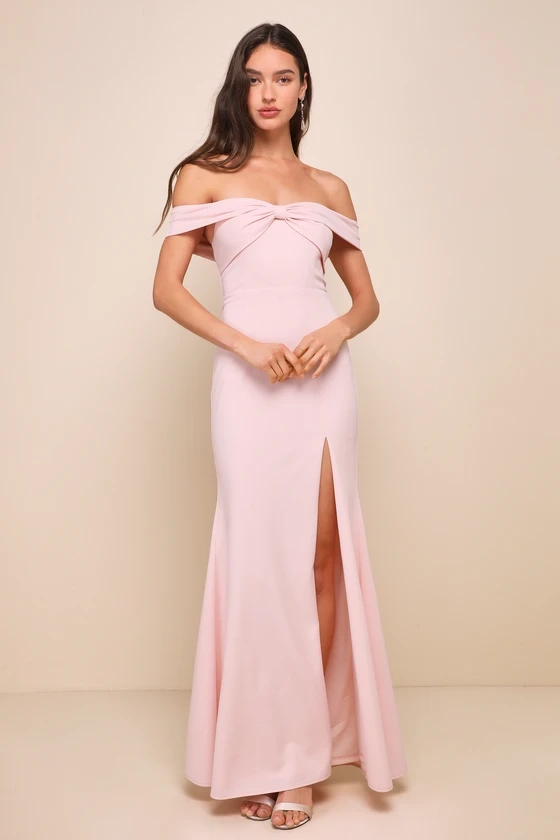 Elegant Perception Light Pink Off-the-Shoulder Bow Maxi Dress