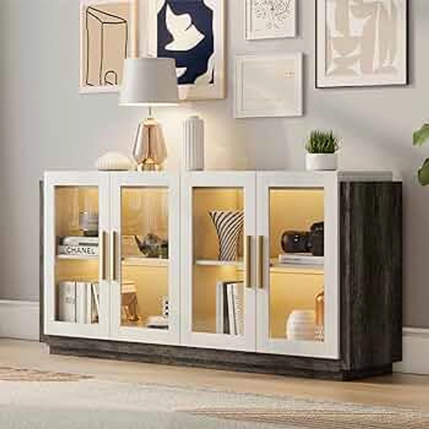 Sideboard Buffet Cabinet, Mixed Color Accent Cabinet with LED Lights, Modern Glass Doors Storage Cabinet with Adjustable Shelf, Console Table for Dining, Living Room, White and Grey
