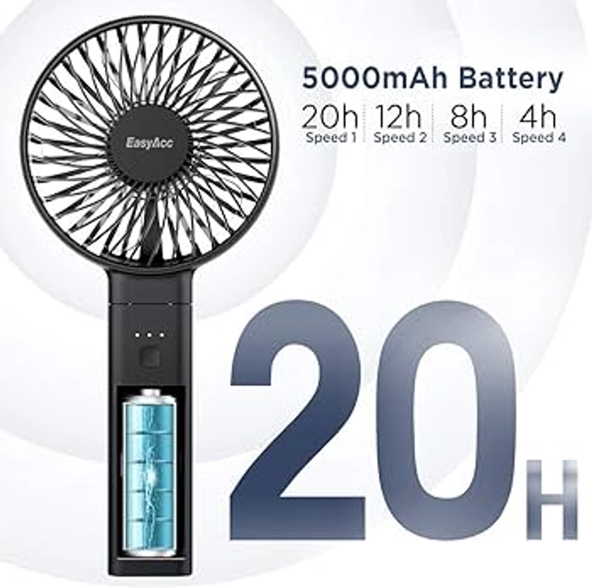 EasyAcc Handheld Fan, 2024 New 5000 Battery Operated Portable Fan [ 4 Speed 20 Hours Quiet Powerful Hand Fan ] Power Indicator/One Touch Power Off Foldable Personal Desk Fan for Travel Office Outdoor