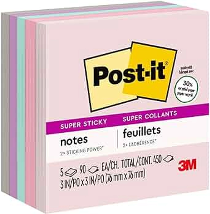 Post-it Super Sticky Recycled Notes, 3 in x 3 in, 6 Pads, 2x the Sticking Power, Bali Collection, Pastel Colors (Lavender, Apricot, Blue, Pink, Mint), 30% Recycled Paper (654-5SSNRP)