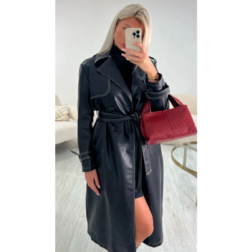 Trench long simili cuir surpiqures Premium