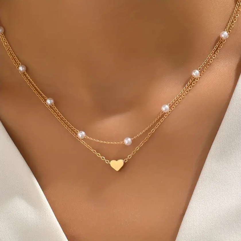 Delicate Heart Pendant Faux Pearl Clavicle Chain Necklace Delicate Party Jewelry For Women (Random Faux Pearl Number)