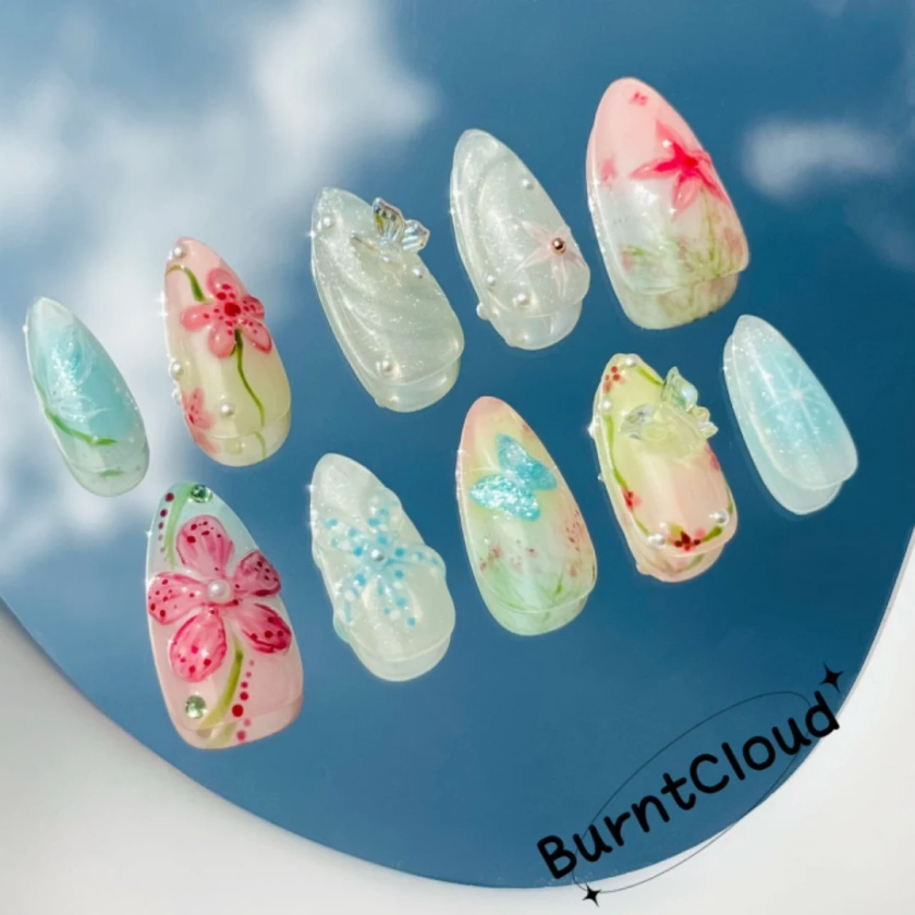 184 "Blossoms Abound" Pink 3D Flowers Floral Butterfly Glitter Press on Nails | Custom Hand-painted Nails | Almond Reusable Nails/Fake Nails