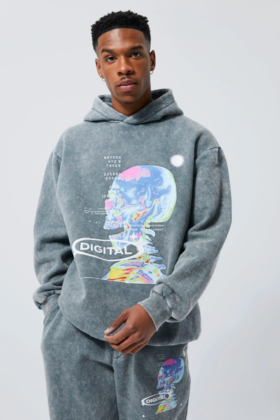 Oversized Washed Graphic Hoodie | boohooMAN USA