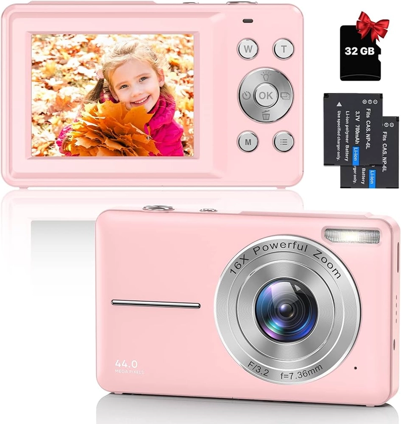Appareil Photo Numérique Compact - 1080P HD 44MP Caméra avec Carte 32Go, 2,4" LCD Rechargeables avec 16X Digital Zoom pour Enfant, Adolescent, Étudiant, Adulte, Débutant (Rose)