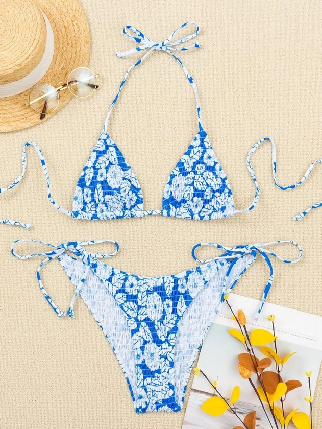 Floral Smocked Triangle Tie Side Bikini Swimsuit