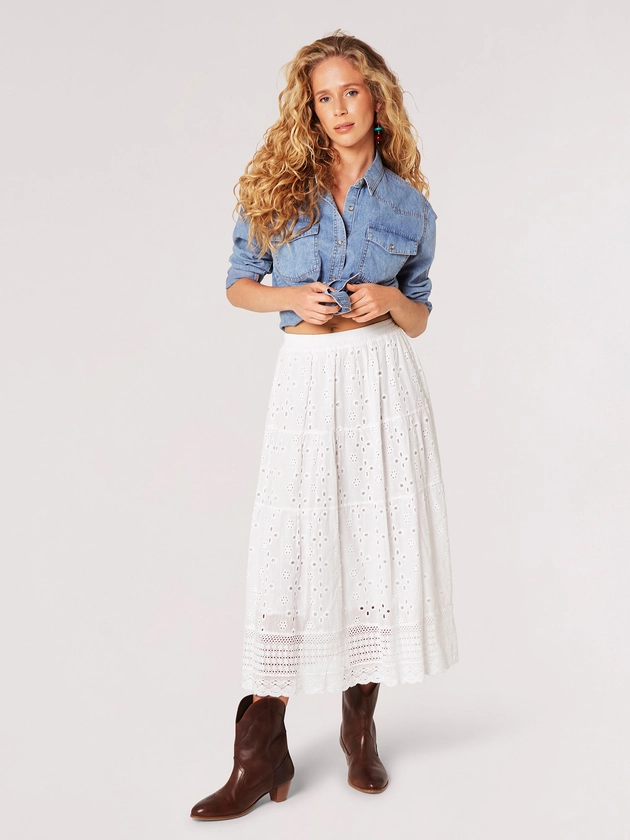 Broderie Cotton Crochet Midi Skirt | Apricot Clothing