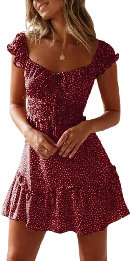 YOBECHO Women's Summer Ruffle Sleeve Sweetheart Neckline Printing Dress Mini Dress