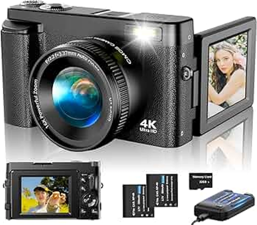 4K Digital Camera for Photography Autofocus, Upgraded 48MP Vlogging Camera for YouTube with SD Card, 3" 180 Flip Screen Compact Travel Camera with 16X Digital Zoom, Flash, Anti-Shake, 2 Batteries