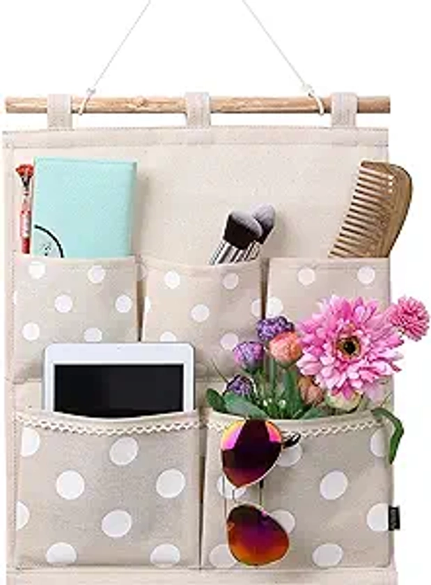 Homecube Linen Cotton Fabric Wall Door Cloth Hanging Storage Bag Case 5 Pocket Home Organizer (White Polka Dots)