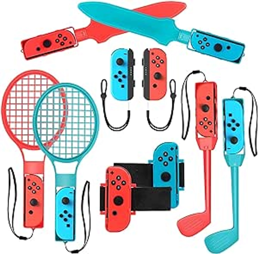 2024 Nintendo Switch Sports Accessories Bundle - HLRAO 10 in 1 Family Accessories Kit for Nintendo Switch Sports Games:Tennis Rackets,Sword Grips,Golf Clubs,Wrist Dance Bands & Leg Strap etc.