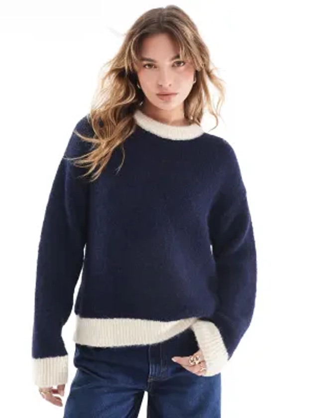 ASOS DESIGN wool blend fluffy knitted jumper in navy