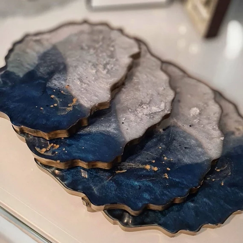 Handmade Blue, Silver & Gold Resin Coasters | Home Decor | Dark Sea | Room Decor | Shabby Chic | Accessories | Drinks Tray | Easter Gift