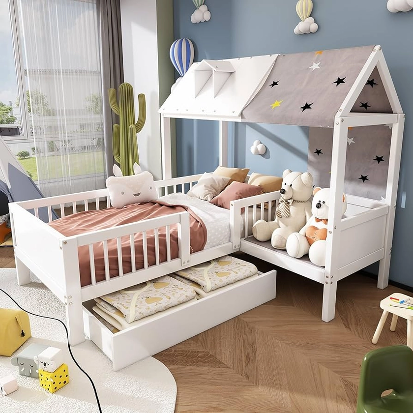 Zravenna Huisbed, 90 x 200 cm, met dak, kinderbed met valbeveiliging, huisbed met laden en tentstof, tienerkamer, kinderbed voor meisjes en jongens, houten bed, wit : Amazon.nl: Babyproducten