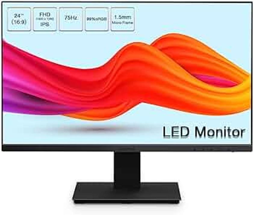 KOORUI 24 inch Computer Monitor, 75Hz FHD IPS Monitor, Frameless Ultra Slim Design, 99% SRGB, Flicker-Free, HDMI, VGA, VESA Mountable, Ergonomic Tilt Eye Care LED Display for Home Office