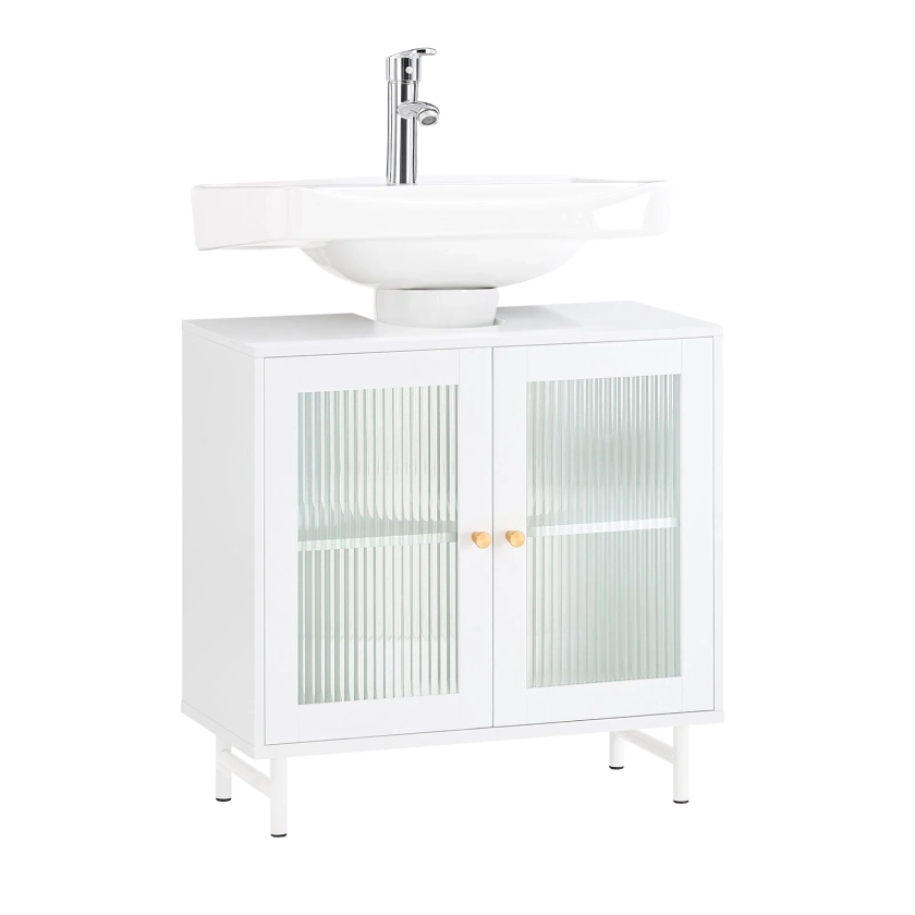 SoBuy BZR115-II-W Meuble Sous Lavabo Salle de Bain, Armoire de Rangement pour Vasque sur Pieds avec 2 Portes en Verre, 60x30x59 cm, Blanc