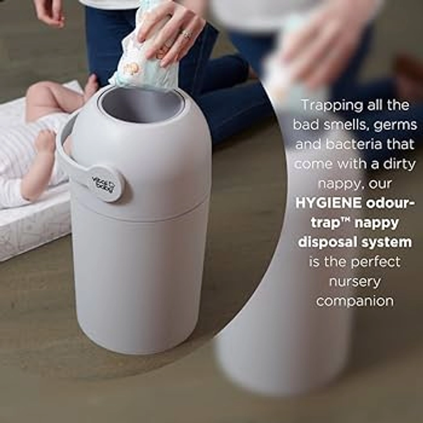 Vital Baby HYGIENE Odour-Trap Nappy Disposal System - Nappy Bin for Disposable and Reusable Diapers – Traps Odours, Germs & Bacteria – Holds 25 Nappies with no Refill Cassettes - Grey