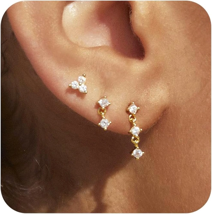 Amazon.com: KICKGY Gold Stud Earrings for Women, Dainty Gold Earrings 14K Gold Plated TIny CZ Dangle Earrings Hypoallergenic Stud Earring Set Small Cartilage Earring Sets for Multiple Piercing Trendy Jewelry: Clothing, Shoes & Jewelry