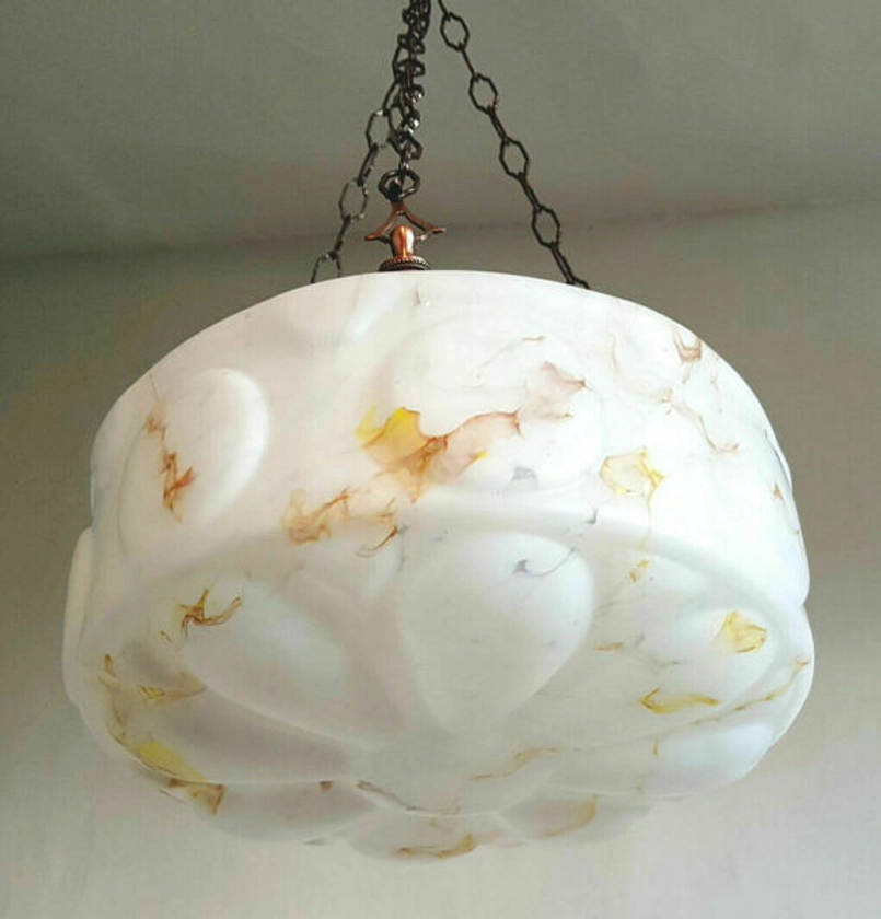Art Deco Amber & White Moulded Marble Glass Flycatcher Plafonnier Bowl Light Shade, Hooks & Chains | Vinterior