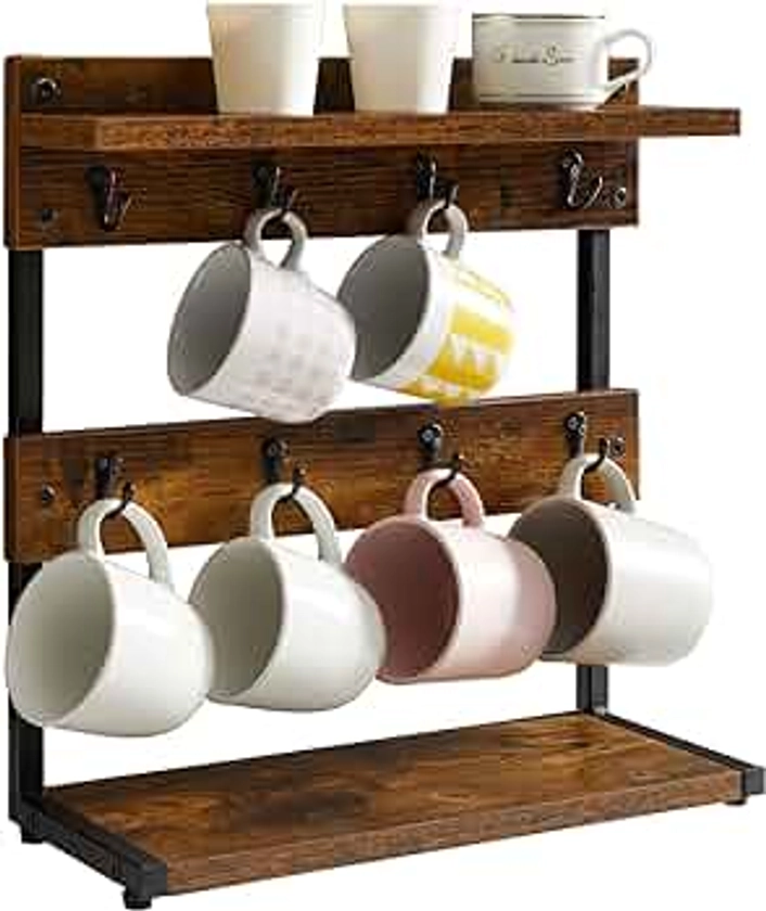 IBUYKE Rustic Coffee Mug Holder Stand, 2 Tier Countertop Mug Tree Holder Rack with Storage Base, Vintage Mug Holders for Kitchen, Holds 8 Mugs, Rustic Brown TBJ002H