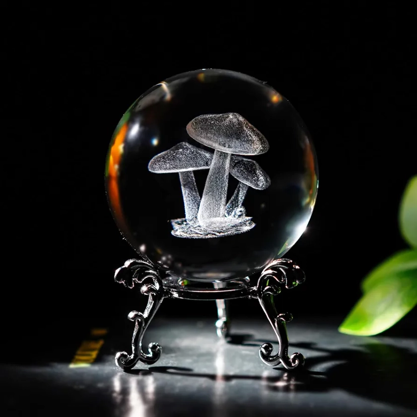 HDCRYSTALGIFTS 3D Etched Mushroom Crystal Ball Paperweight - 60mm Glass Decorative Ball with Silver Metal Stand, Glass Art Full Sphere Craft Home Table Decor, 2.3inch