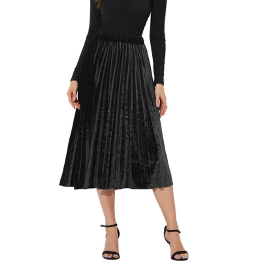 Allegra K Women's Vintage High Elastic Waist Velvet Pleated Flowy Swing Midi Skirt Black Small