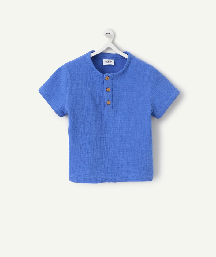 t-shirt manches courtes bébé garçon en gaze de coton bleu roi