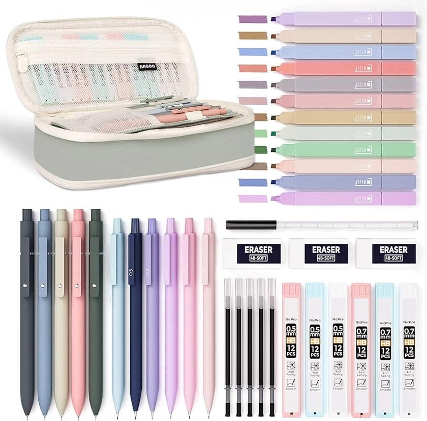 Amazon.com: Nicpro 39 PCS Aesthetic School Supplies with Big Capacity Pen Case, 12 Color Pastel Highlighters, 5 Quick Dry Retractable Black Ink Pens, 6 Pastel Mechanical Pencil 0.5 & 0.7 mm for Student Stationary : Office Products