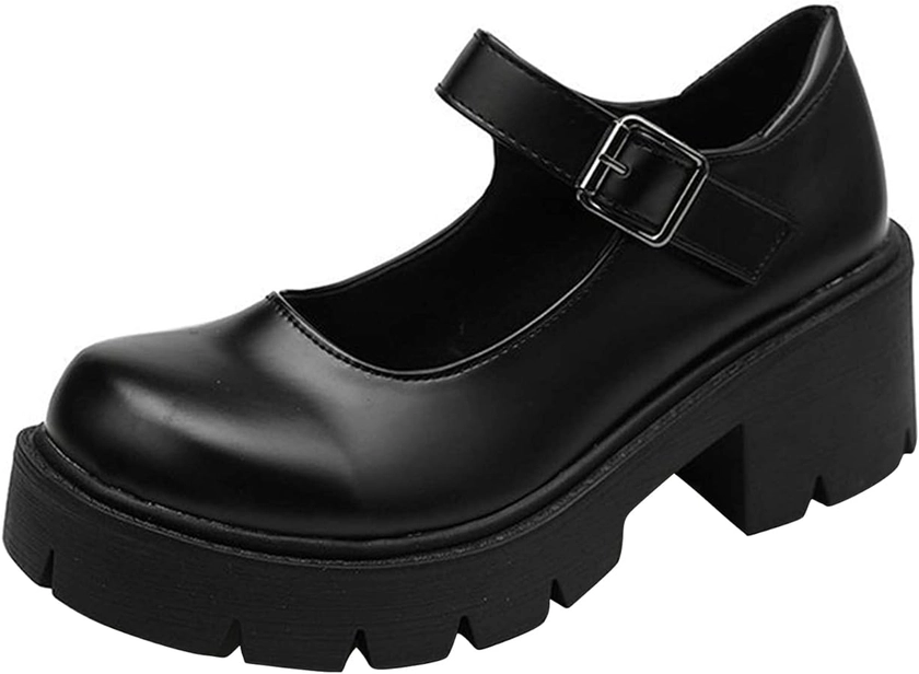 Amazon.com | Women's Platform Mary Janes Chunky Heel Ankle Strap Uniform Dress Shoes Heeled Gothic Lolita Oxfords (8.5, Single Strap-Matt Black) | Pumps