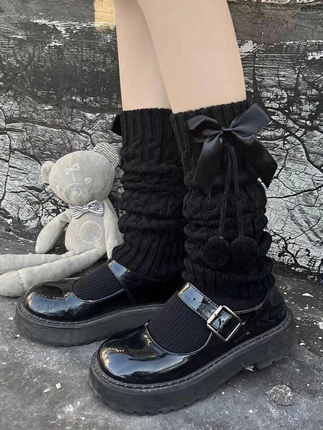 1 Par de ligas negras estilo Y2k con lazo retorcido en bola, medias lindas estilo Lolita y preppy para otoño e invierno