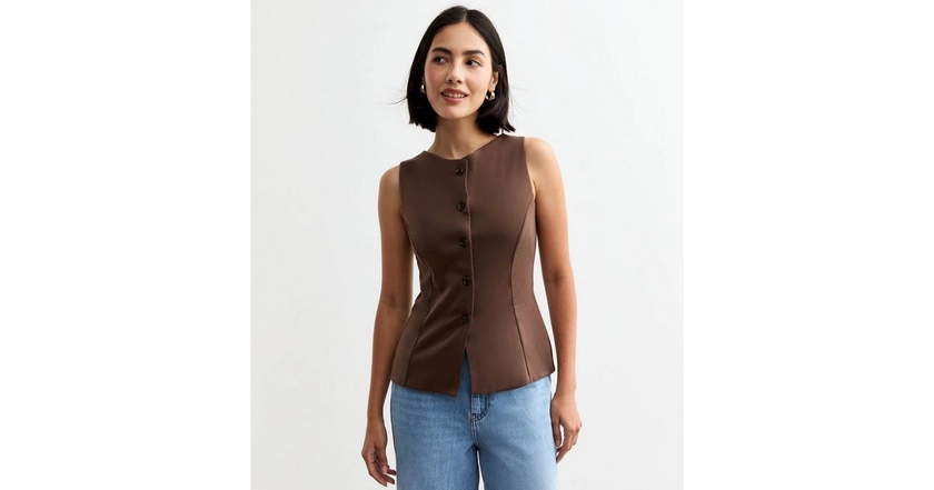 Brown Crew Neck Button Down Top | New Look