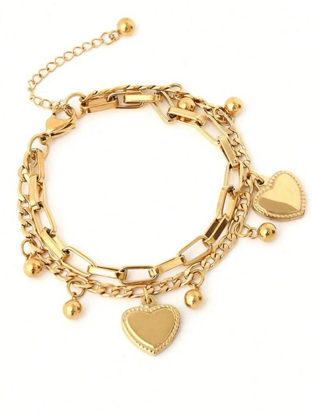 1pc Gold Double Heart Chained Bracelet | SHEIN