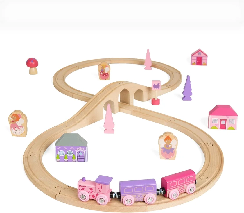 Bigjigs Rail Fairy Figure Of Eight Train Set - 35 Piece Pink Wooden Railway, Toy Trains & Accessories, Princess Toys For Kids, Compatible With Most Other Rail Brands, 3 Years Old +