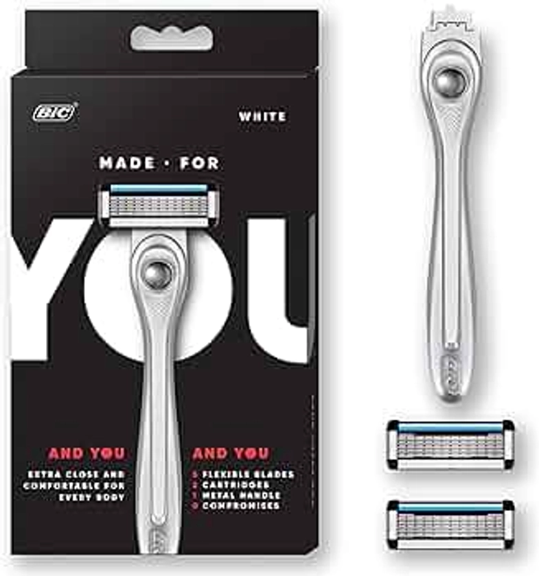 BIC Made For You Shaving Razor Gift Set for Every Body, Men & Women, 1 Handles with 2 Cartridge Refills, 5-Blade Razors for a Smooth Close Shave & Hair Removal, White, Kit