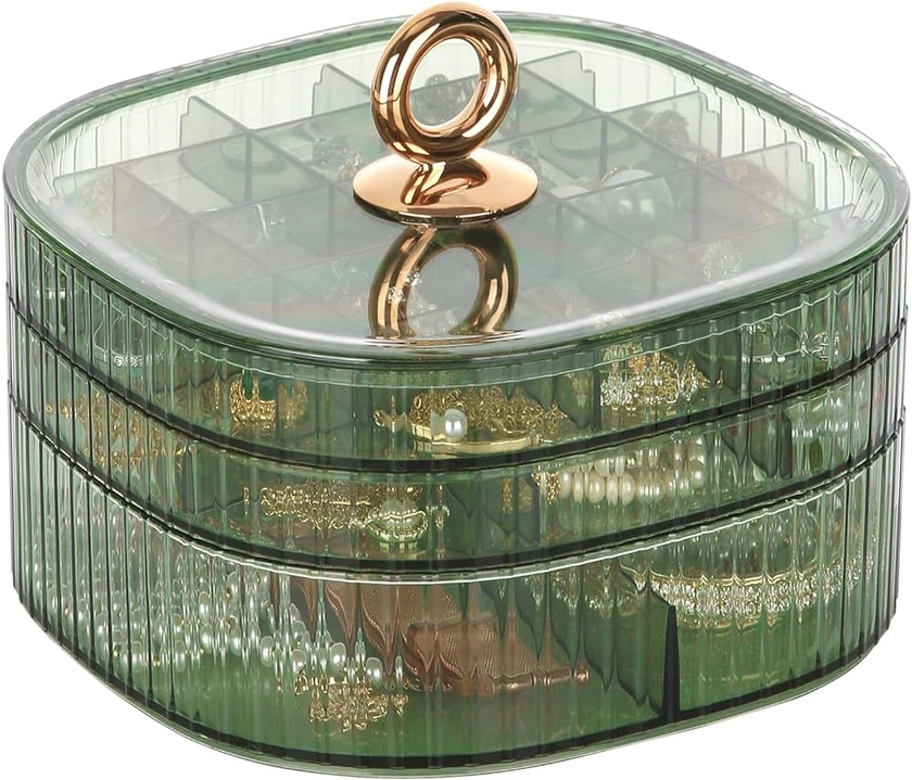 LETURE 3-Layer Acrylic Jewelry Organizer Box for Stud Earrings, Rings, Necklaces, Bracelets, Claw Clip Organizer, Small Bead Storage Containers for Crafts (Green)