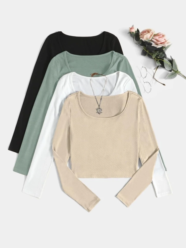 4pcs Scoop Neck Ribbed Knit Tee