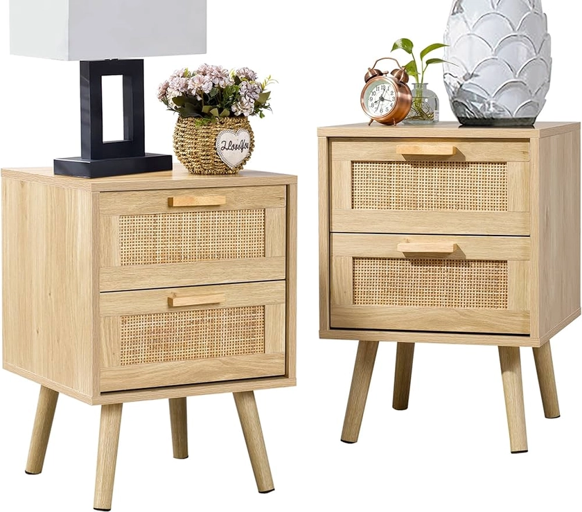 Finnhomy Lot de 2 tables de chevet, tables d'appoint avec 2 tiroirs décorés à la main en rotin, en bois, avec rangement pour chambre à coucher, naturel