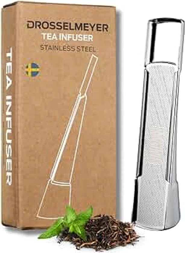 Drosselmeyer Infuseur à thé en Acier Inoxydable conçu et Produit en Suède - Passoire à thé à Manche Anti-Goutte - Design élégant avec Couvercle Coulissant Micro-perforé - Filtre à thé