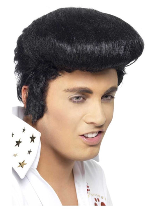 Elvis Deluxe Wig - Black with High Quiff and Sideburns