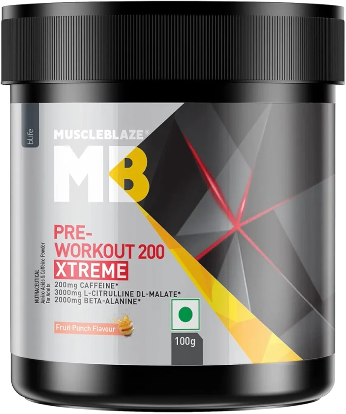 MuscleBlaze Pre Workout (Fruit Punch, Pack of 100 g powder, 15 Servings) 200 Xtreme, 200mg Caffeine, 200mg Theanine, 2000mg Beta Alanine, 3000mg Citrulline : Amazon.in: Health & Personal Care