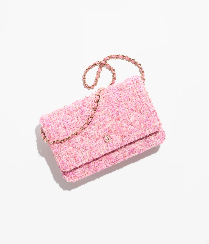 Wallet on chain classique - Tweed de coton & métal argenté, rose & écru — Mode | CHANEL