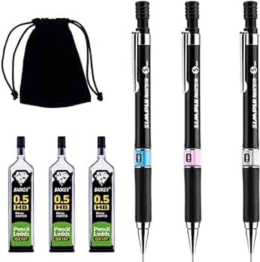 6 PCS Mechanical Pencil Set, 3 PCS HB Mechanical Pencils 0.5mm, 3 Cases Pencil Lead Refills 0.5 with Black Velvet Bag Automatic Pencil Set for Writing, Drawing, Signature